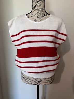 Vintage Sweaters USA Nautical Striped Knit Top // Red & White Anchor Sailboat L
